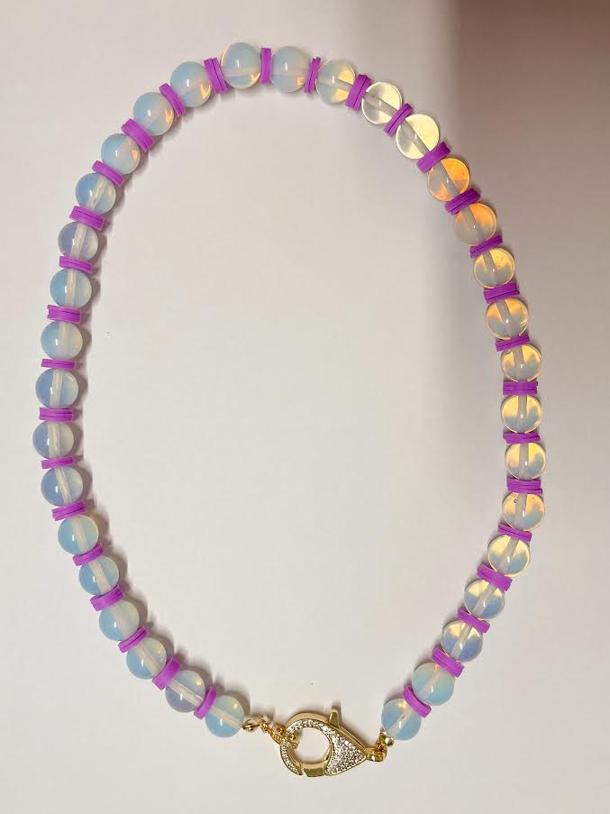 SMOOTH ROUND BEAD NECKLACE WITH PAVE CZ CLAPS - ASSORTED COLORS