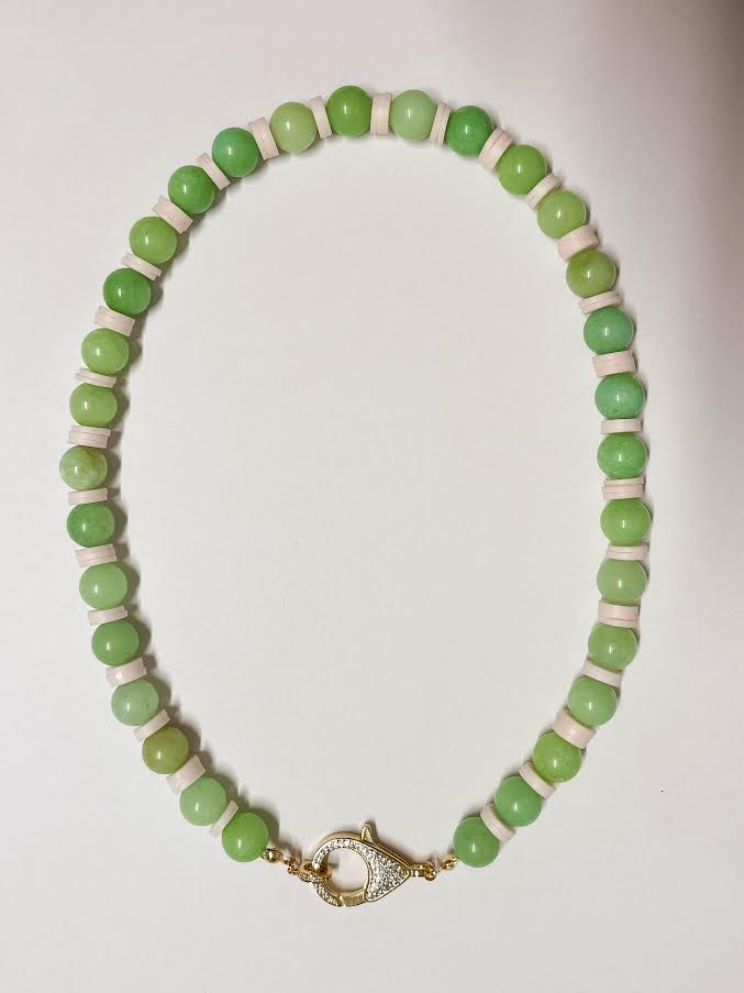 SMOOTH ROUND BEAD NECKLACE WITH PAVE CZ CLAPS - ASSORTED COLORS