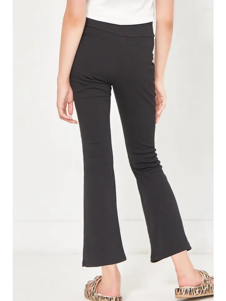 CROSSOVER WAIST RIBBED FLARE PANTS - BLACK
