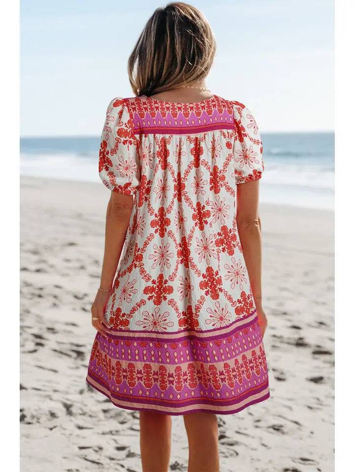 BOHO FLORAL SHORT SLEEVE MINI DRESS