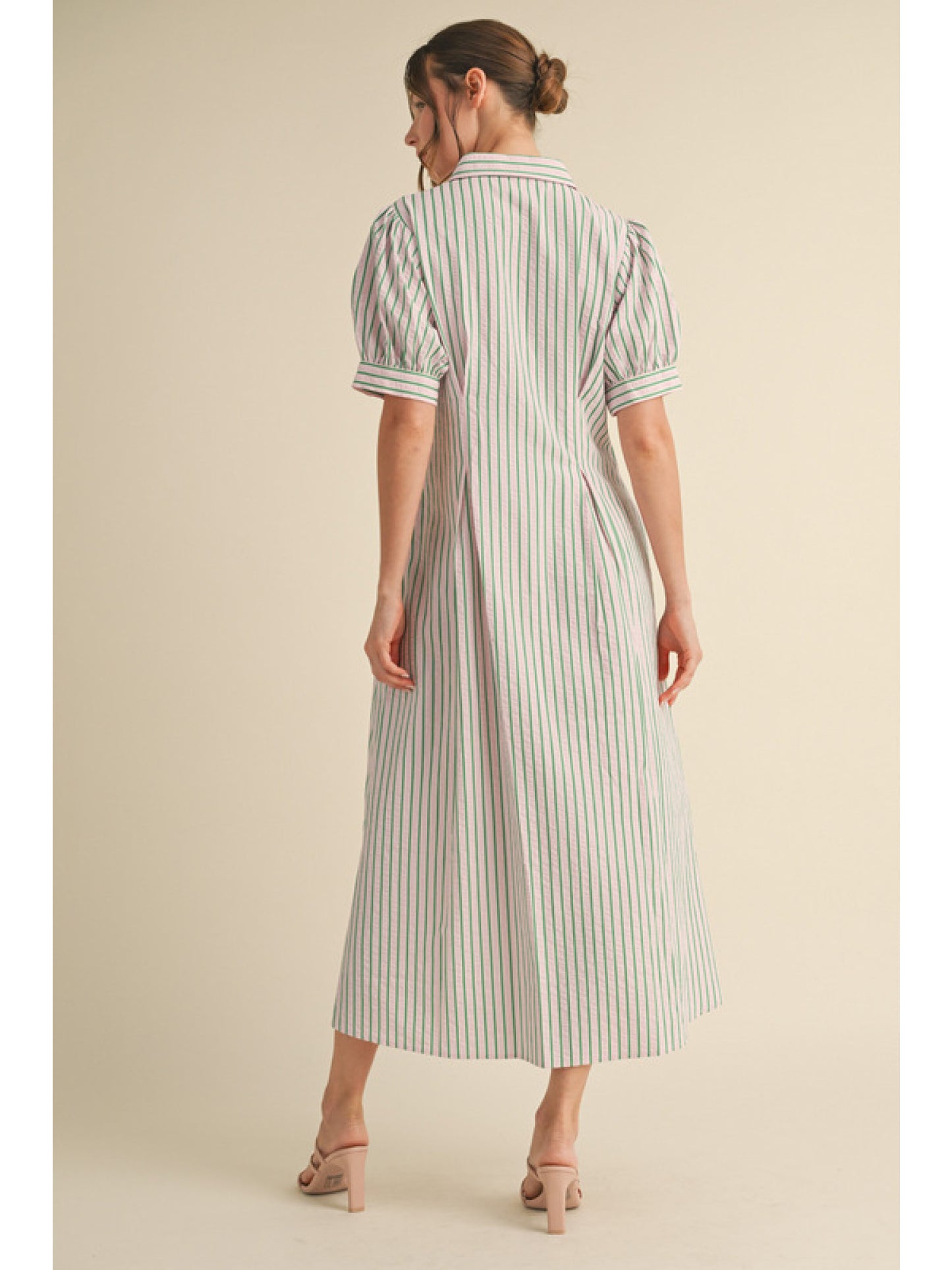 STRIPED MIDI FLARE DRESS - PINK
