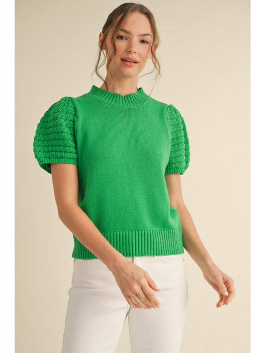 SOLID KNIT TOP W/ CROCHET - APPLE GREEN