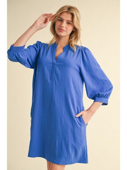 SOLID V-NECK DRESS - COBALT BLUE