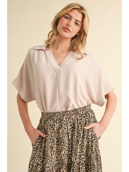 OPEN COLLARED NECK TOP - OATMEAL