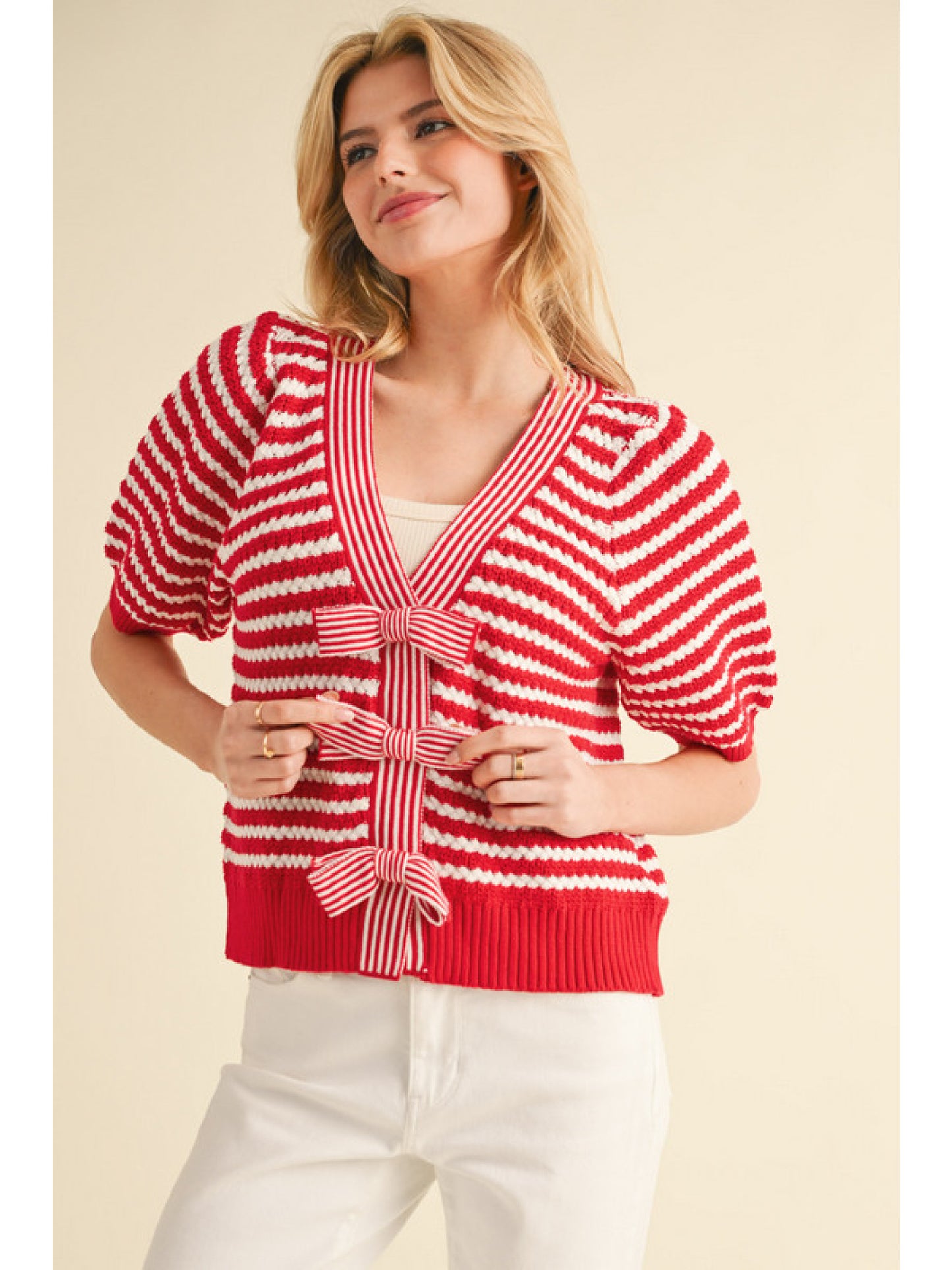 STRIPED BOW CARDIGAN - RED/WHITE