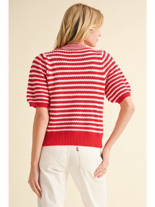 STRIPED BOW CARDIGAN - RED/WHITE