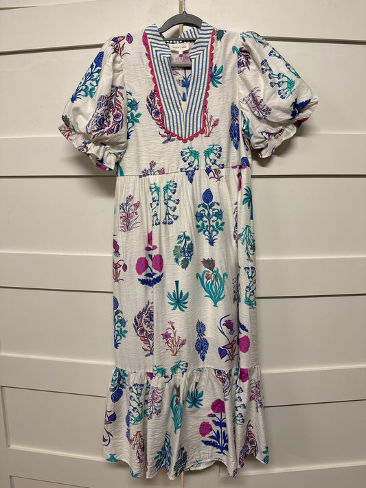PUFF SLEEVE VNECK CORAL/FLORAL MIDI DRESS