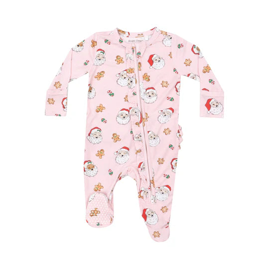 RUFFLE ZIPPER FOOTIE - PINK VINTAGE SANTAS