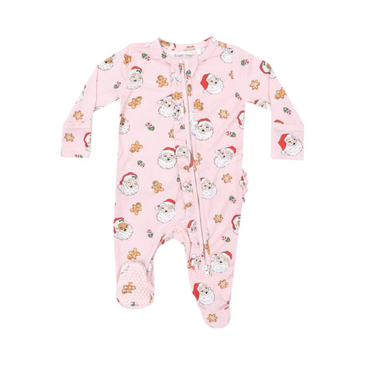 RUFFLE ZIPPER FOOTIE - PINK VINTAGE SANTAS