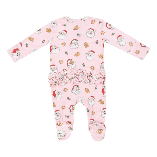 RUFFLE ZIPPER FOOTIE - PINK VINTAGE SANTAS