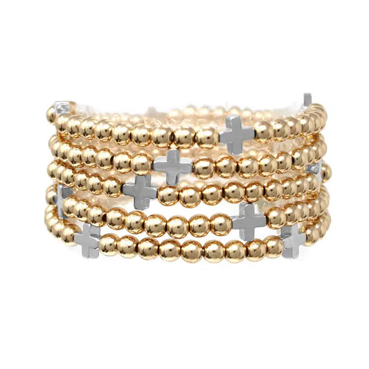 SET OF 5 BEADED STRETCH BRACELETS W/ CROSSES