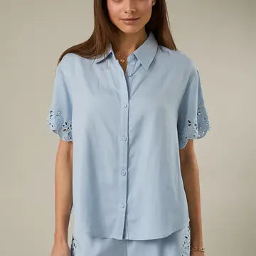 HALF SLEEVE BUTTON DOWN EYELET EMBROIDERED SHIRT - LT BLUE