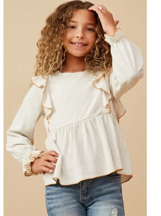 GIRLS CONTRAST DETAIL RUFFLE TOP - TAUPE