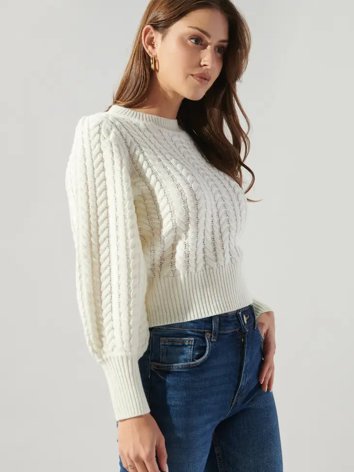 ASHTYN CABLE KNIT WHITE BALLOON SLEEVE SWEATER