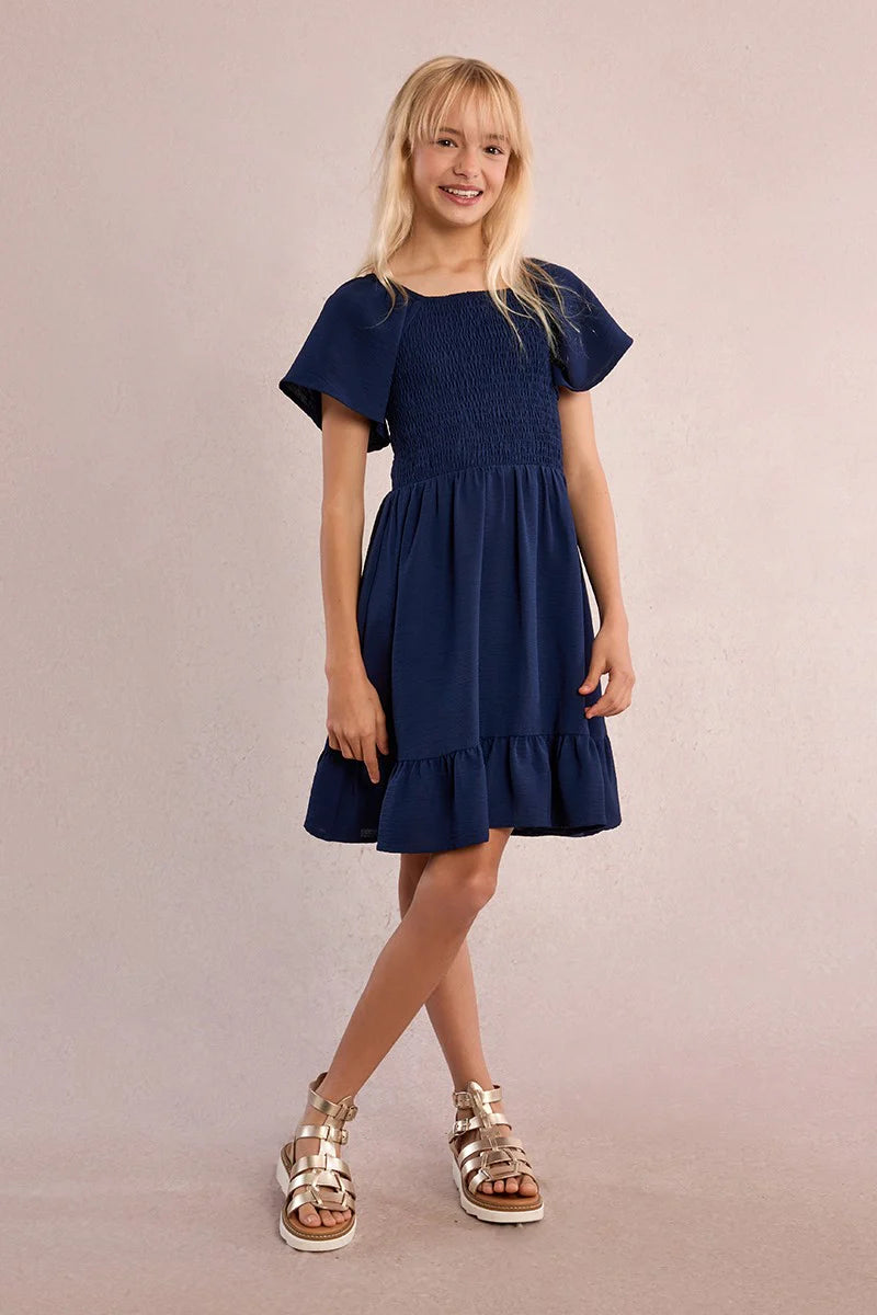 SMOCKED DRESS - NAVY