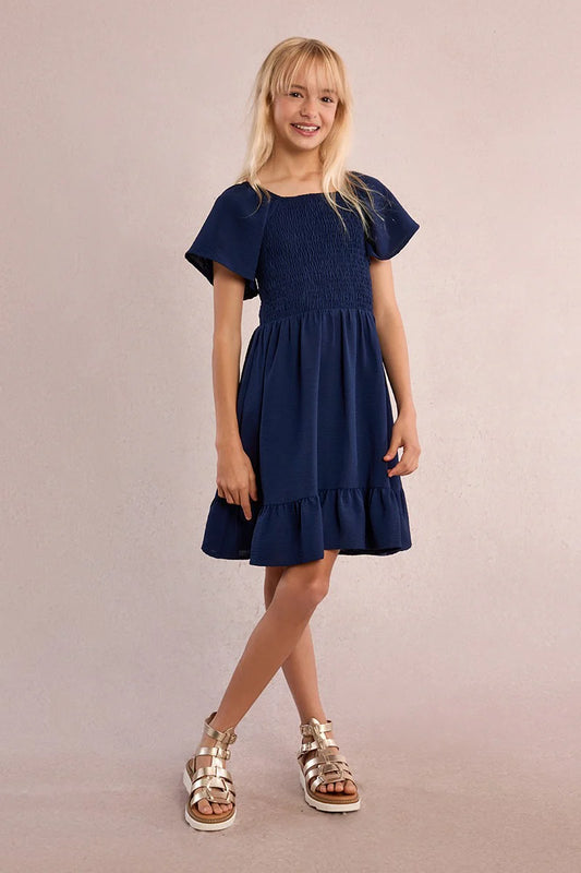 SMOCKED DRESS - NAVY