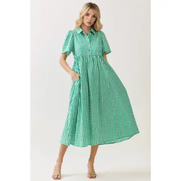 GINGHAM BUTTON FRONT BABYDOLL MIDI DRESS - GREEN