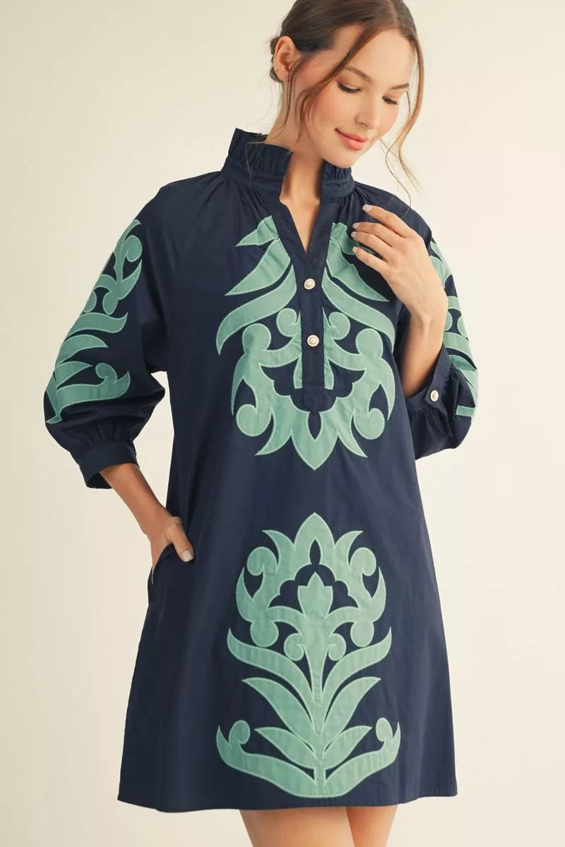 3/4 SLEEVE BAROQUE FLORAL SHIRT DRESS - NAVY