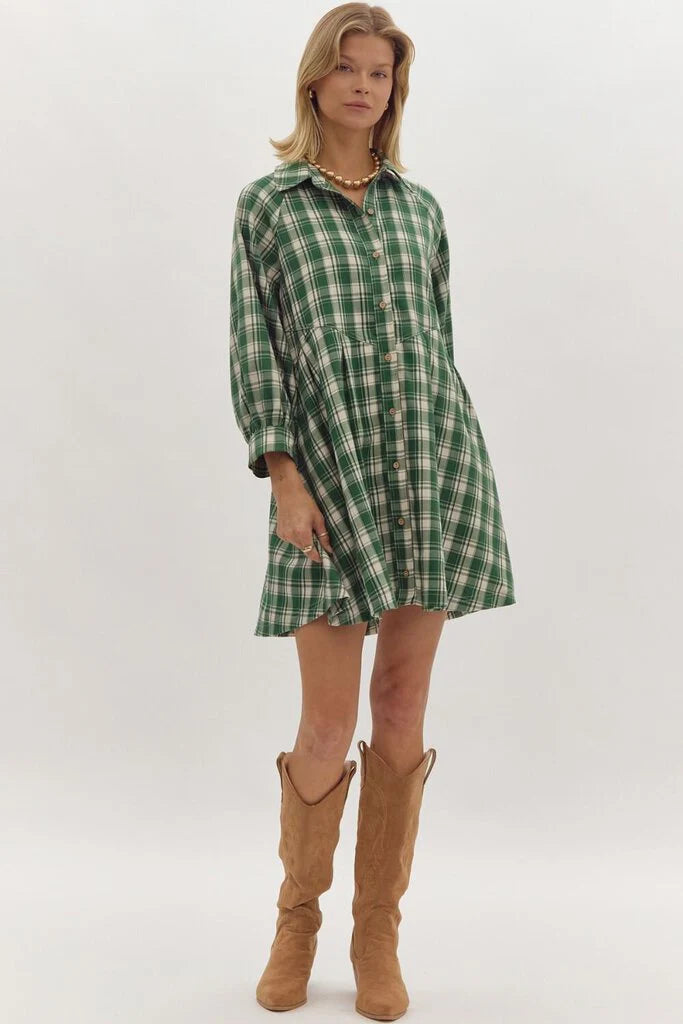 PLAID MINI DRESS - HUNTER GREEN