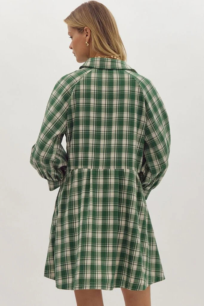 PLAID MINI DRESS - HUNTER GREEN