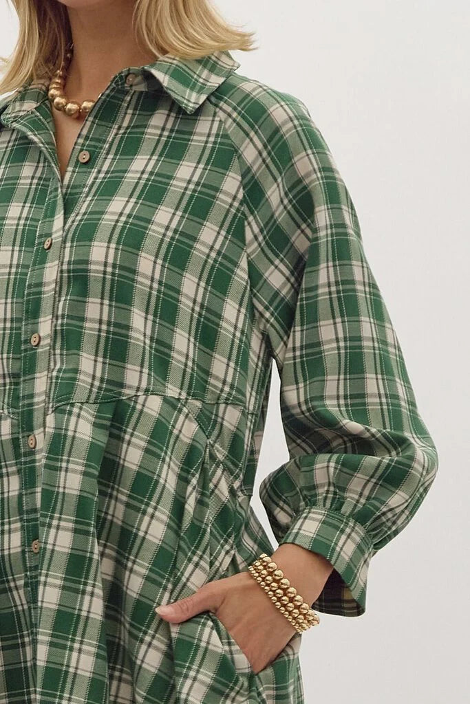 PLAID MINI DRESS - HUNTER GREEN