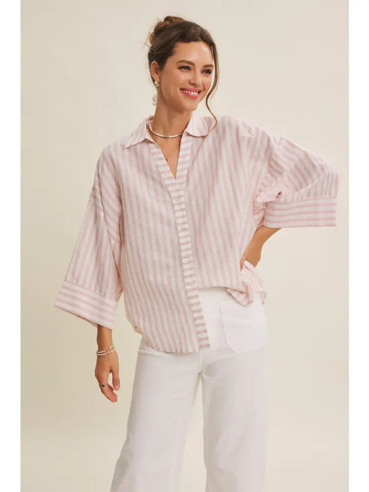 PERFECT TRANSITIONAL STRIPE BUTTON DOWN SHIRT WITH WIDE SLEEVES - INDIAN RED