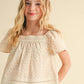 SQUARE NECK DOUBLE FLUTTER SLVS PEASANT TOP W/LACE - ECRU PINK