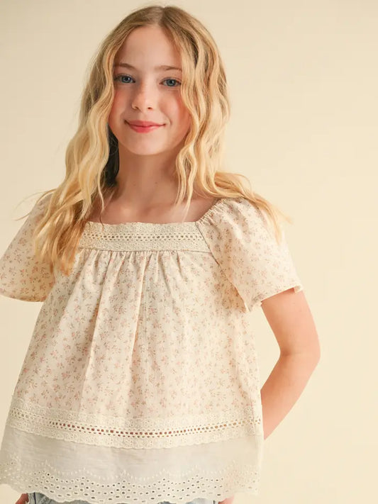 SQUARE NECK DOUBLE FLUTTER SLVS PEASANT TOP W/LACE - ECRU PINK