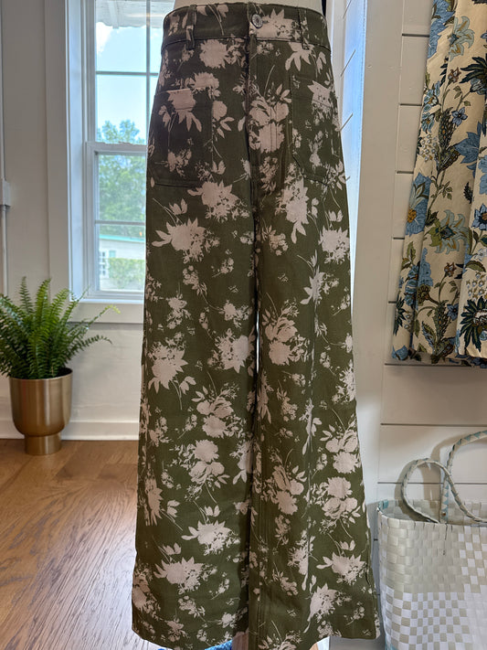 FLORAL WIDE LEG PANTS - OLIVE