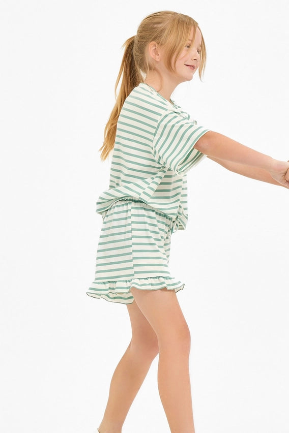 STRIPE CROP TOP AND RUFFLE SHORT SET - MINT