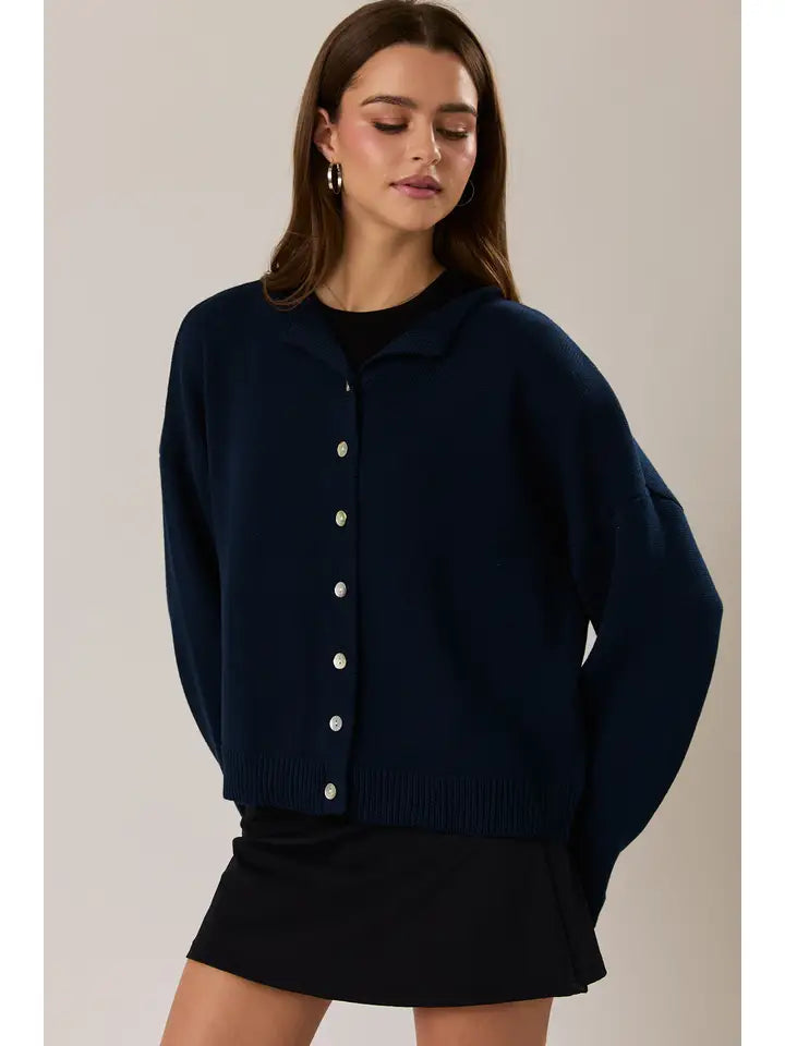 ROUND ROLLED HEMLINE DETAIL THIN SWEATER CARDIGAN - NAVY