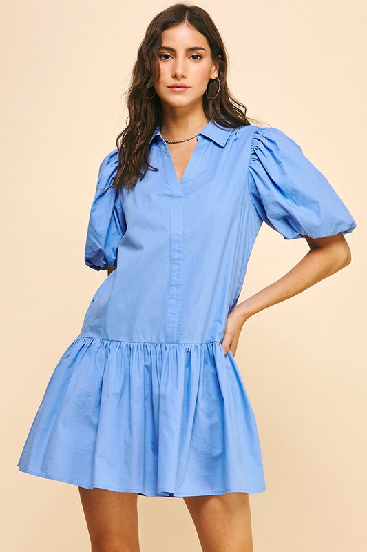 COLLARED TIERED MINI DRESS - URBAN BLUE