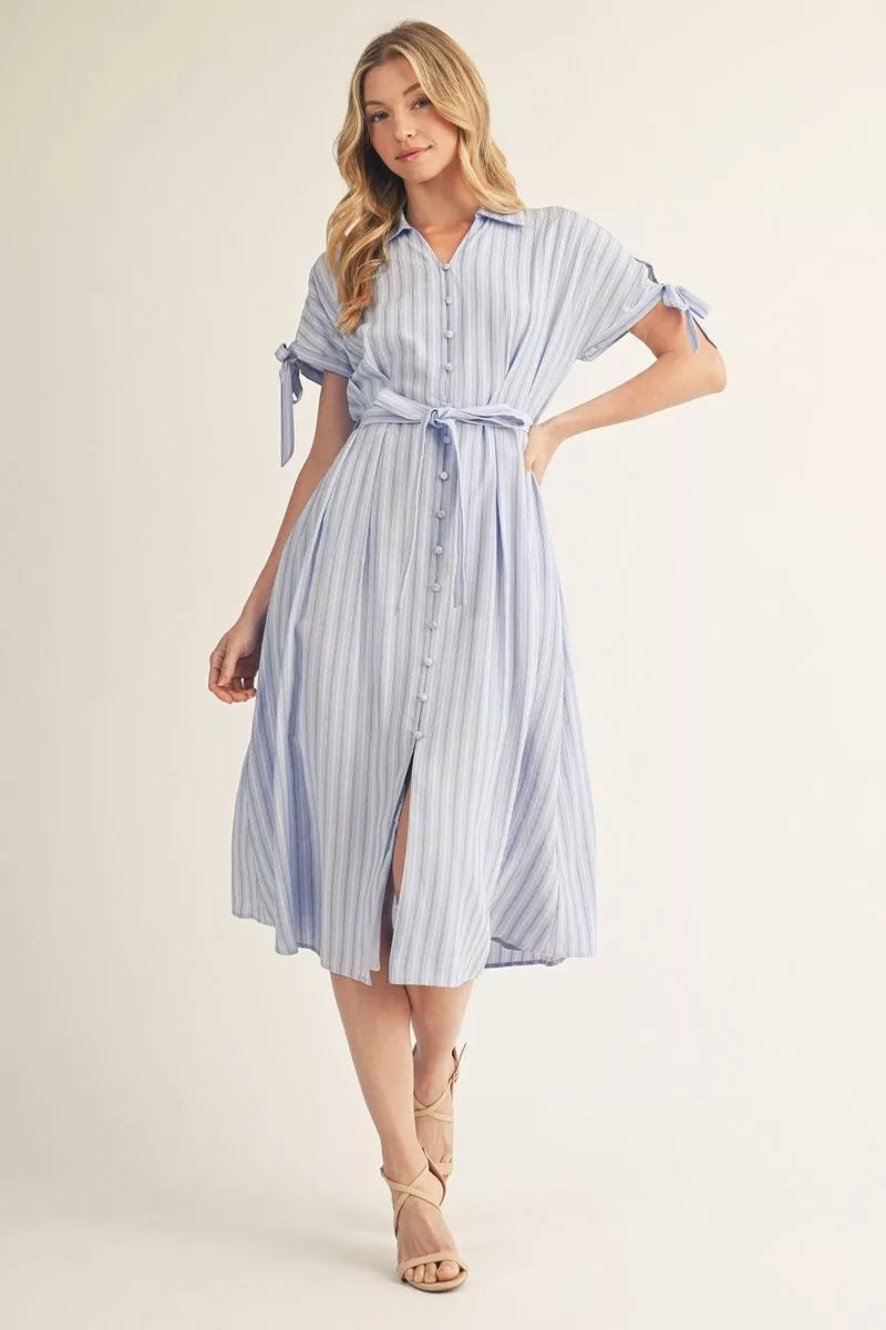 DROP SHOULDER SLEEVE BUTTON DOWN MIDI DRESS - BLUE