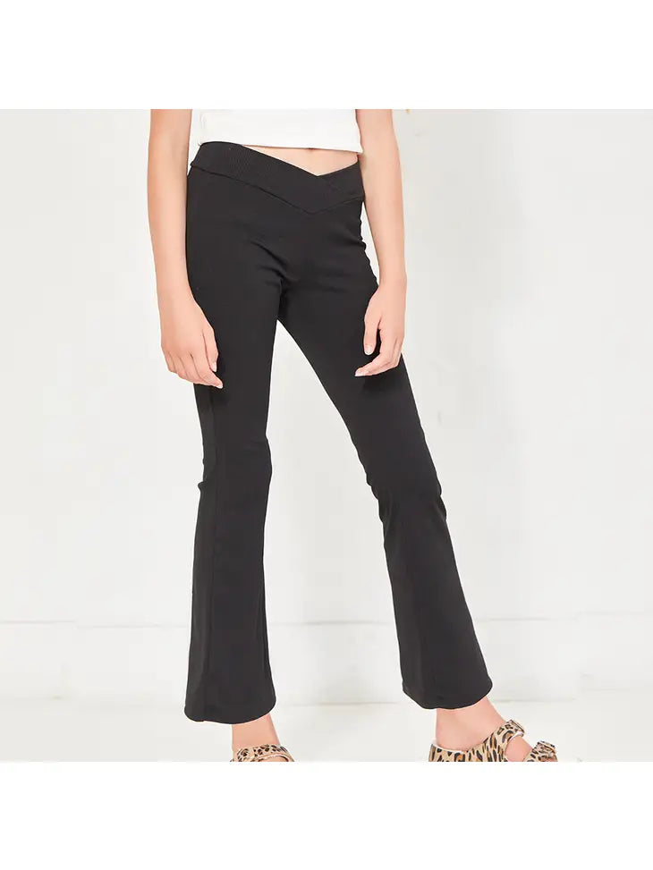 CROSSOVER WAIST RIBBED FLARE PANTS - BLACK