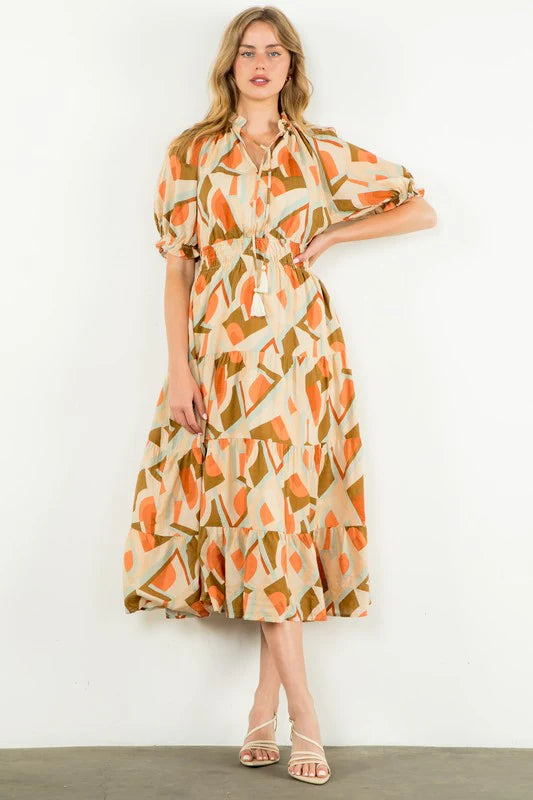 SMOCKED WAIST PRINT MAXI DRESS - ORANGE