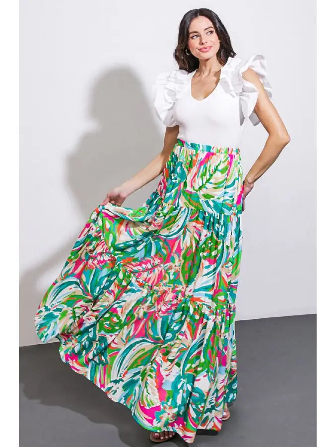 PRINTED WOVEN MAXI SKIRT - GREEN/PINK