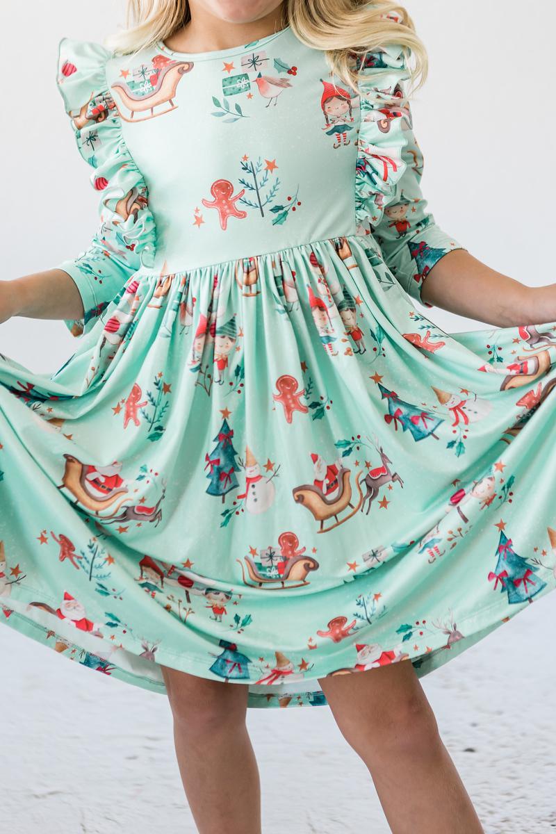 BELIEVEIN YOUR ELF 3/4 SLEEVE RUFFLE TWIRL DRESS