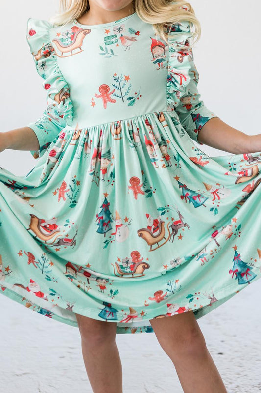BELIEVEIN YOUR ELF 3/4 SLEEVE RUFFLE TWIRL DRESS