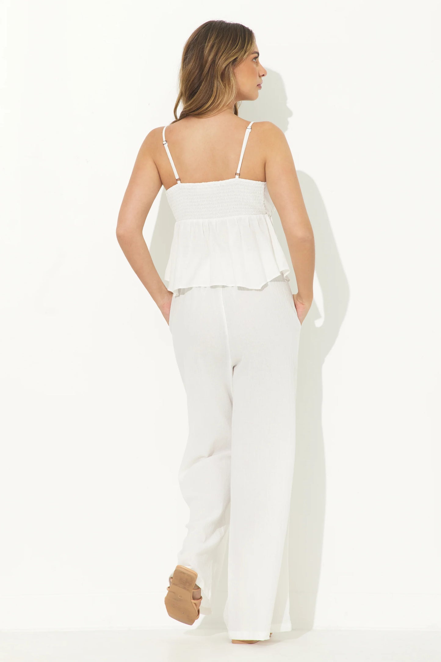 TEXTURED WIDE LEG PANT W/ POCKETS - WHITE