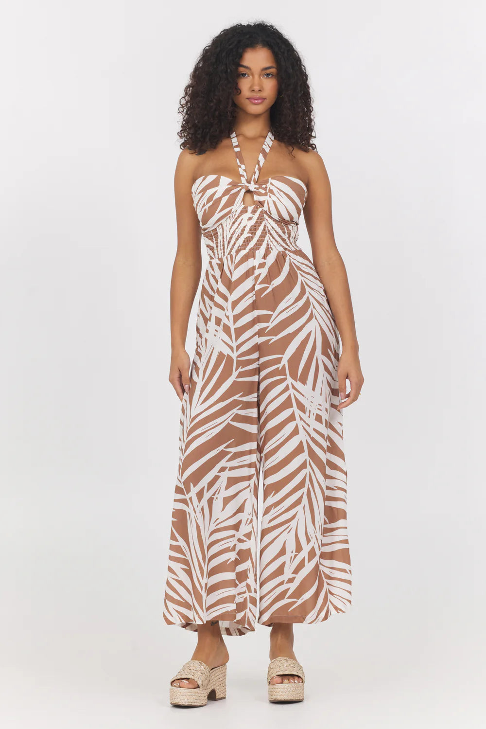 PRINTED RAYON HALTER JUMPSUIT - BRONZE PALM PRINT