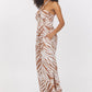PRINTED RAYON HALTER JUMPSUIT - BRONZE PALM PRINT