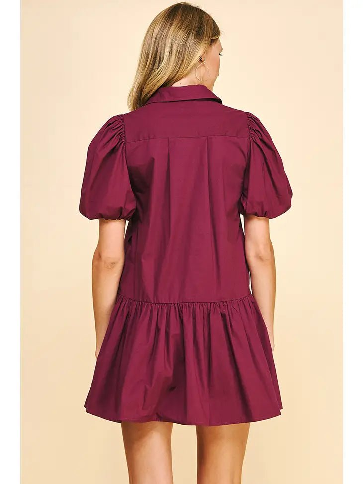 COLLARED TIERED MINI DRESS - BERRY
