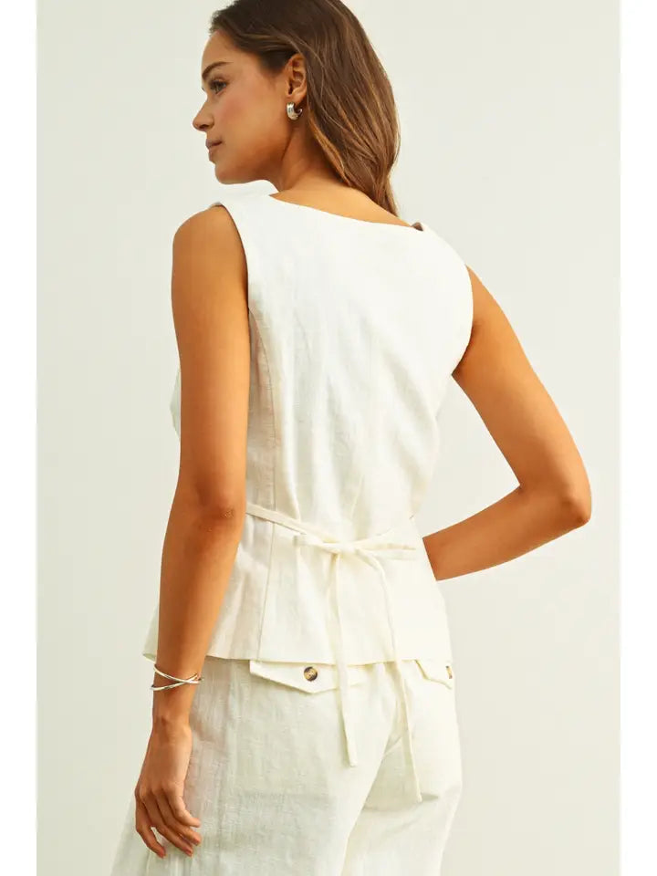 SQUARE NECK SLEEVELESS VEST WITH BUTTON FRONT - WHITE