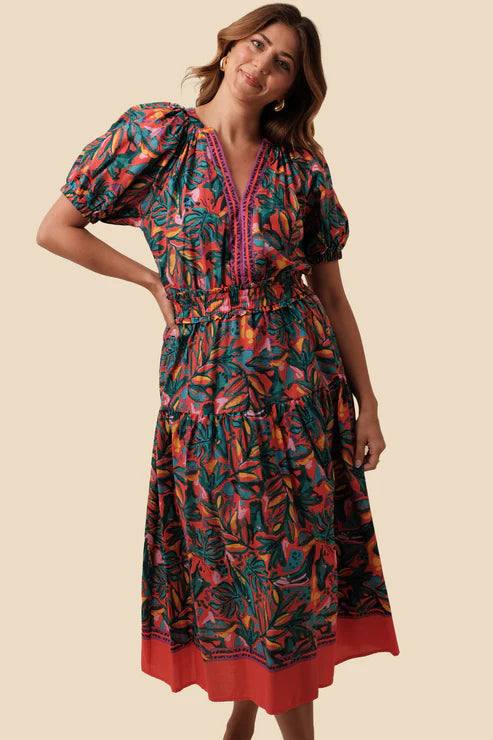 TROPICAL PRINT MIDI DRESS - RED MULTI
