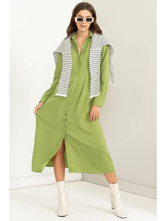 ON REPEAT BUTTON UP CINCHED MIDI DRESS - MATCHA