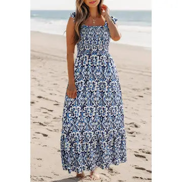 BOHO PRINT SQUARE NECK SHORT SLEEVE MAXI DRESS