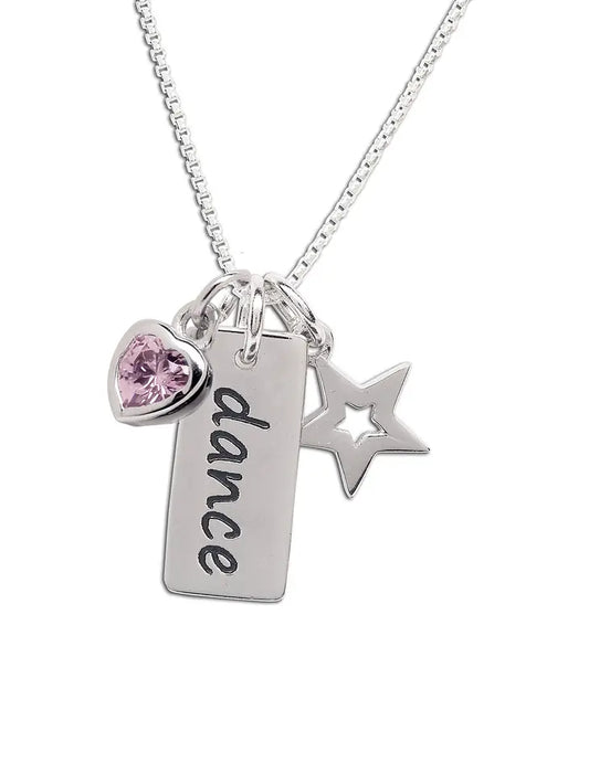 STERLING SILVER GIRLS PINK DANCE BAR NECKLACE WITH STAR AND PINK HEART