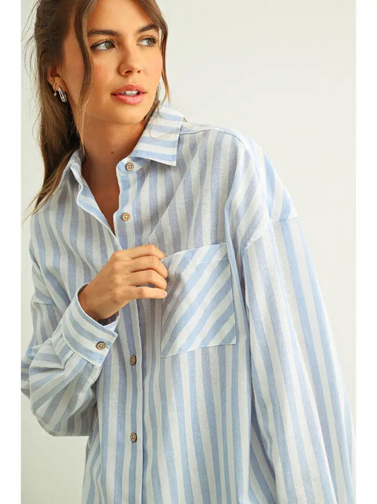 STRIOED BUTON DOWN LINEN SHIRT - BLUE