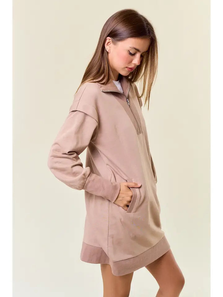 FRENCH HALF ZIP SWEATSHIRT DRESS - LATTE