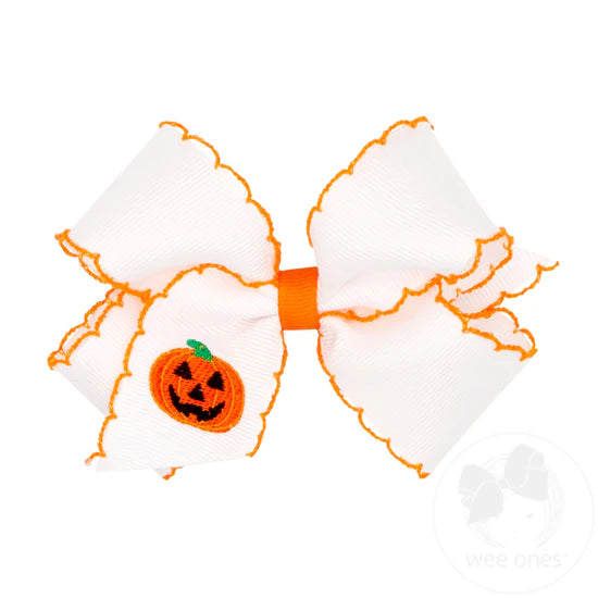 MEDIUM GROSGRAIN HAIR BOW W/MOONSTITCH HALLOWEEN EMBROIDERY - JACK O LATERN